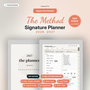 May include: A digital planner for the Supernote Nomad titled The Method Signature Planner 2026-2027. The interface displays a daily schedule, task list, and mood tracker. Features include hyperlinked navigation, undated toolkit, and day edition.