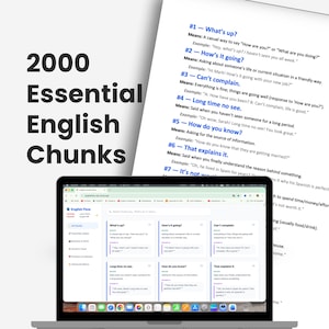 Pode incluir: Um laptop exibindo um site de aprendizado de inglês, com uma folha listando frases comuns em inglês. A tela do laptop mostra frases como "What's up?" e "How's it going?". O título "2000 Essential English Chunks" é visível.