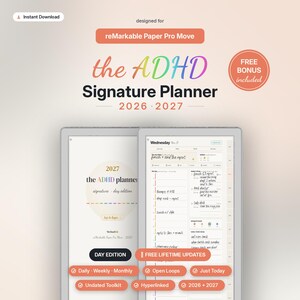 Puede incluir: Un planificador digital para reMarkable Paper Pro Move titulado the ADHD Signature Planner 2026-2027. La interfaz muestra un horario diario, listas de tareas y notas. Incluye navegación con hipervínculos, herramientas sin fecha y diseños de edición diaria con un logotipo y texto de ADHD en colores del arcoíris.