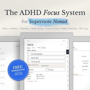 Puede incluir: Un sistema de planificación digital para Supernote Nomad, con plantillas diarias, semanales y mensuales, secciones de lluvia de ideas, herramientas de enfoque, seguimiento de hábitos y registro de logros. Una insignia azul muestra el texto FREE BONUS PACK.
