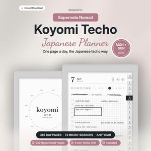 May include: A digital planner for Supernote Nomad titled Koyomi Techo Japanese Planner. It features a daily page layout with a 4 mm grid, 366 day pages, 72 micro-seasons, and 522 hyperlinked pages. The interface includes a monthly calendar, index, and undated format with Monday and Sunday start options.