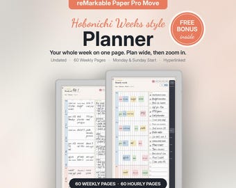 Hobonichi Weeks Style Digital Planner for reMarkable Paper Pro Move Templates - Undated Weekly, Mon & Sun Start, Hourly + 3-Part Week, Memo