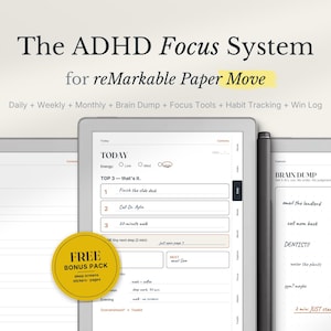 Può includere: L'ADHD Focus System per reMarkable Paper Move mostra modelli giornalieri, settimanali e mensili, sezioni di brain dump, monitoraggio delle abitudini e strumenti di concentrazione. Uno stilo è posizionato accanto al tablet con un adesivo giallo.