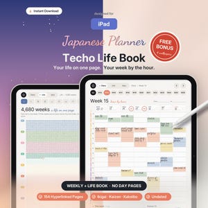 May include: A digital Japanese planner titled Techo Life Book designed for iPad, featuring a weekly schedule view with hour-by-hour slots and a life tracker page with 4,680 dots representing weeks, including 154 hyperlinked pages and undated layouts.
