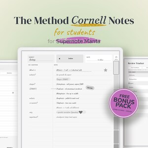 May include: Digital Cornell Notes templates for Supernote Manta featuring a biology subject layout with cue, notes, and summary sections. Includes a review tracker page and a circular pink badge with the text FREE BONUS PACK stamp screens clickies.