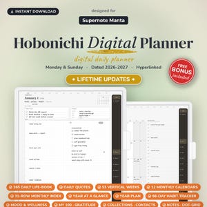 May include: A digital planner for Supernote Manta titled Hobonichi Digital Planner, dated 2026-2027. The interface features a daily schedule, task lists, and monthly calendars with hyperlinked tabs. Text includes "Instant Download," "Lifetime Updates," and "Free Bonus Included."