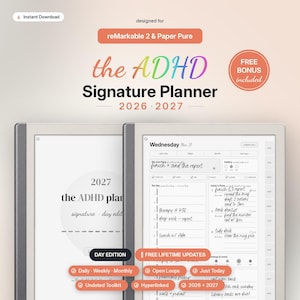 Puede incluir: Una agenda digital para tabletas reMarkable 2 y Paper Pure titulada the ADHD Signature Planner 2026-2027. La interfaz muestra un horario diario con tareas escritas a mano, una vista de calendario y varias pestañas de navegación.