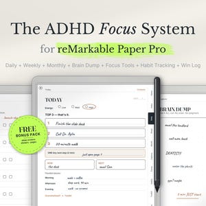Può includere: Un'agenda digitale intitolata The ADHD Focus System per reMarkable Paper Pro, con modelli giornalieri, settimanali e mensili, una pagina per appunti e il monitoraggio delle abitudini. Uno stilo nero poggia sullo schermo con una lista.