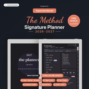 Può includere: Un'agenda digitale intitolata The Method Signature Planner 2026-2027 per Supernote Nomad. L'interfaccia presenta un tema scuro con testo bianco, inclusi programmi giornalieri, liste di attività e tracker dell'umore con collegamenti.