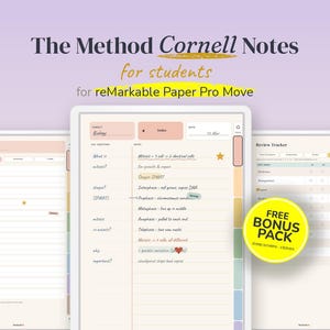 May include: Digital Cornell Notes template for reMarkable Paper Pro featuring a subject, index, and date field. The layout includes sections for questions, notes, and a review tracker with a yellow circular badge stating FREE BONUS PACK.