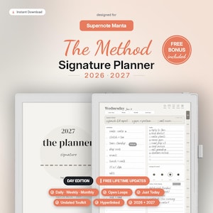 Könnte beinhalten: Ein digitaler Planer mit dem Titel The Method Signature Planner für 2026 und 2027, entwickelt für Supernote Manta. Die Benutzeroberfläche zeigt einen Tagesplan, Aufgabenlisten und Notizen. Er bietet hyperverlinkte Navigation, Tages-, Wochen- und Monatsansichten sowie ein undatiertes Toolkit zur Organisation.