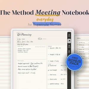 Może przedstawiać: Cyfrowy szablon The Method Meeting Notebook dla Supernote Nomad zawiera stronę planowania Q3 z sekcjami na agendę, decyzje i działania. Układ obejmuje indeks i listę działań oraz niebieską okrągłą odznakę z napisem FREE BONUS PACK.