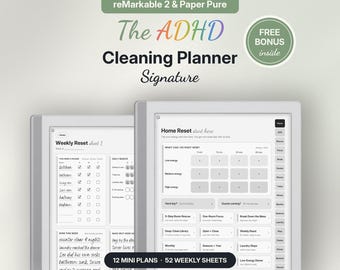 May include: A digital cleaning planner for reMarkable 2 and Paper Pure tablets. The interface displays a Home Reset dashboard with energy-based task options, a Weekly Reset sheet, 167 hyperlinked pages, 20 sections, and 13 rooms for organization.