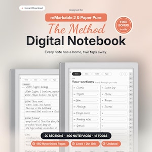 Könnte beinhalten: Ein digitales Notizbuch für reMarkable 2 und Paper Pure mit dem Titel The Method Digital Notebook. Die Benutzeroberfläche zeigt Abschnitte wie Clients, Projects und Ideas mit 20 Bereichen, 400 Notizseiten und 12 Werkzeugen sowie linierte und gepunktete Raster.