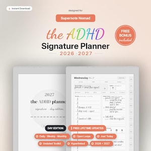 May include: A digital planner for Supernote Nomad titled the ADHD Signature Planner 2026-2027. The interface displays a daily schedule with handwritten tasks, a monthly calendar, and navigation tabs. Includes labels for free lifetime updates.