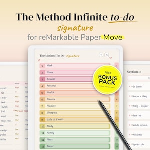May include: A digital planner for reMarkable Paper Move featuring The Method Infinite to-do signature. The interface displays a numbered list of categories in pastel colors, a black stylus, and a yellow circular sticker labeled FREE BONUS PACK.