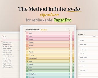 May include: A digital planner template titled The Method Infinite to-do signature for reMarkable Paper Pro. The interface displays a numbered list of categories including Work, Home, Errands, Personal, Health, Finance, Projects, and Shopping.