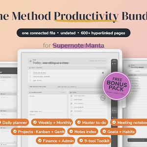 Op de afbeelding: De Method Productivity Bundle voor Supernote Manta bevat één verbonden bestand met 600+ gehyperlinkte pagina's. Het bevat een dagplanner, week- en maandoverzichten, takenlijsten, notitieboeken voor vergaderingen, projecten, Kanban, Gantt, een notitie-index, doelen, gewoontes, financiën, administratie en een 9-delige toolkit.