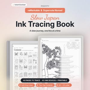 Könnte beinhalten: Ein digitales Slow Japan Ink Tracing Book für reMarkable und Supernote Nomad Geräte. Das Display zeigt eine Inhaltsseite mit Raster-Vorschaubildern und eine detaillierte Strichzeichnung einer Pagode und eines Ahornbaums.