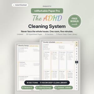 May include: A digital planner for reMarkable Paper Pro titled The ADHD Cleaning System. It features a weekly schedule and cleaning checklists with 39 hyperlinked pages, 16 sections, and an 11-room deep-clean library. The interface includes navigation icons.