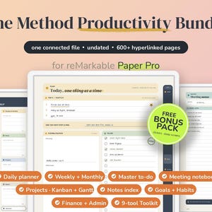 May include: The Method Productivity Bundle for reMarkable Paper Pro features one connected file with 600+ hyperlinked pages. It includes a daily planner, weekly and monthly views, master to-do lists, meeting notebooks, projects, and a free bonus pack.