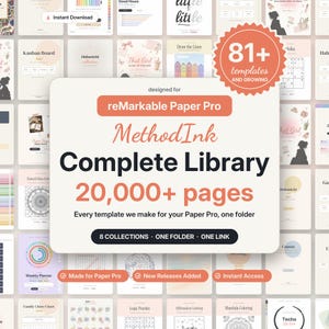 May include: A digital product display for reMarkable Paper Pro featuring the MethodInk Complete Library with 20,000+ pages across 8 collections. The graphic includes text labels for instant download, 81+ templates, and access to new releases.