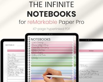 May include: Digital notebook for reMarkable Paper Pro with the title "THE INFINITE NOTEBOOKS". The notebook features sections for business strategy, creative ideas, and project concepts. A hand is holding a stylus, writing on the digital notebook.