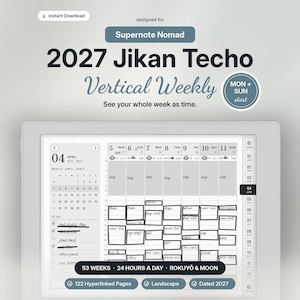 May include: A digital planner for Supernote Nomad titled 2027 Jikan Techo Vertical Weekly. The interface displays a landscape layout with a monthly calendar, a to-do list, and a vertical weekly schedule with handwritten entries for April.