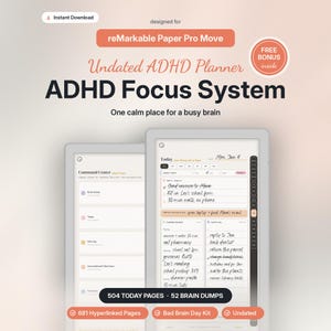 Könnte beinhalten: Digitaler ADHS-Planer für reMarkable Paper Pro Move mit einem undatierten ADHS-Fokussystem. Die Benutzeroberfläche zeigt ein Command Center und tägliche Aufgabenlisten mit handschriftlichen Notizen sowie 504 Tagesseiten.