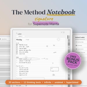 Può includere: Un'agenda digitale intitolata The Method Notebook signature for Supernote Manta, che mostra una pagina di note giornaliere con lista di cose da fare, idee e note di chiamata. Include una pagina Method Toolkit, 20 sezioni e 12 strumenti.