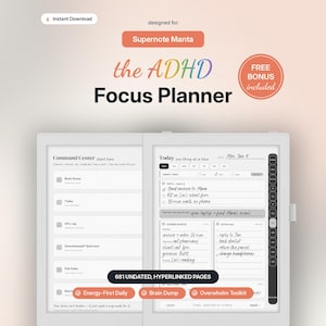 May include: A digital ADHD Focus Planner designed for Supernote Manta, featuring 681 undated, hyperlinked pages. The interface displays a Command Center and a daily task view with sections for energy tracking, flexible blocks, and a catch-all list.