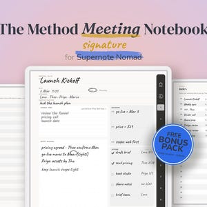 Peut inclure: Le carnet de notes Method Meeting Notebook signature pour Supernote Nomad affiche une page de réunion Launch Kickoff avec des notes manuscrites, une liste d'actions et un index, incluant un badge bleu marqué FREE BONUS PACK.