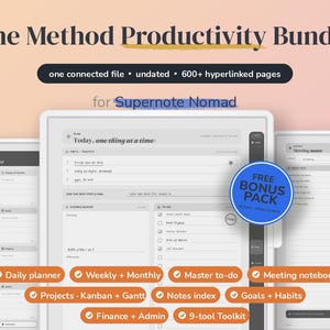 Op de afbeelding: De Method Productivity Bundle voor Supernote Nomad bevat één verbonden bestand met meer dan 600 gehyperlinkte pagina's. Het omvat een dagplanner, week- en maandoverzichten, takenlijsten, notitieboeken voor vergaderingen, projecten, Kanban, Gantt, een notitie-index, doelen, gewoontes, financiën, administratie en een toolkit met 9 tools.