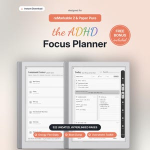 ADHD Focus Planner for reMarkable 2 & Paper Pure | Energy-Based Daily Planner, Brain Dump, Overwhelm Toolkit, Undated Hyperlinked PDF