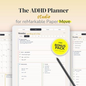 Może przedstawiać: Cyfrowy interfejs planera zatytułowany The ADHD Planner studio for reMarkable Paper Move, przedstawiający układ dzienny z sekcjami na notatki, priorytety, bloki czasowe i listy zadań, wraz z żółtą okrągłą naklejką z darmowym pakietem bonusowym.