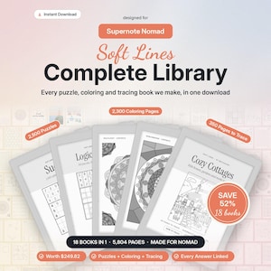 Könnte beinhalten: Eine digitale Bibliothek für Supernote Nomad mit 18 Büchern, 2.500 Rätseln, 2.300 Ausmalbildern und 350 Pausvorlagen. Die Anzeige zeigt fünf Tablet-Bildschirme mit Sudoku, Logikrätseln, Mandalas und einer Illustration eines Landhauses.