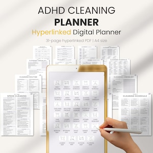 May include: A digital planner for cleaning, designed for people with ADHD. The planner is a 31-page hyperlinked PDF document in A4 size. The image shows a tablet displaying the planner, with a hand holding a stylus.