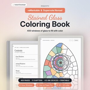 Stained Glass Coloring Book for reMarkable Paper Pro, Move and rM2 | Supernote Nomad | 400 Pages, Rose Windows, Mosaic, Printable