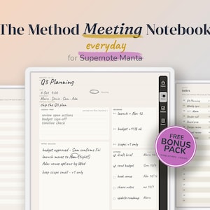 Puede incluir: El cuaderno de reuniones Method Meeting Notebook para Supernote Manta con páginas de planificador digital, plantilla de planificación Q3, secciones para agenda, notas, decisiones, lista de acciones, índice y una pegatina morada Free Bonus Pack.