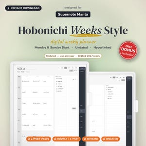 Może przedstawiać: Cyfrowy planer tygodniowy zaprojektowany dla Supernote Manta w stylu Hobonichi Weeks. Planer jest niedatowany, posiada hiperłącza oraz opcje rozpoczęcia tygodnia w poniedziałek lub niedzielę. Zawiera 2 widoki tygodniowe i 40 stron notatek.