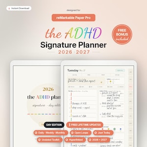 May include: A digital planner for the reMarkable Paper Pro titled the ADHD Signature Planner 2026-2027. The interface displays a daily schedule with handwritten tasks, a mood tracker, and navigation tabs for months, featuring a rainbow-colored title.