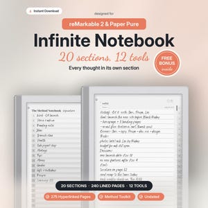 Cuaderno infinito para plantillas reMarkable 2 y Paper Pure - Sin fecha, minimalista, con hipervínculos / Notas Cornell, Eisenhower, Kanban, SWOT