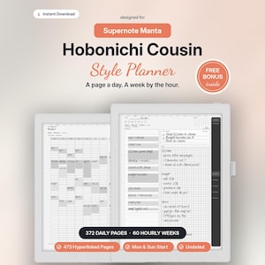 Hobonichi Cousin Style Digital Planner for Supernote Manta Templates - Undated Daily, Mon & Sun Start, Hourly Week, Hyperlinked Monthly