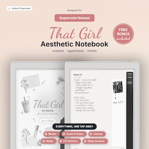May include: A digital notebook for Supernote Nomad titled That Girl Aesthetic Notebook. The interface features a cover page with illustrations and a note page with a shopping list. Includes buttons for Rituals, Goals & Vision, Journal, Notes, 210 Stickers, and Sleep Screens.