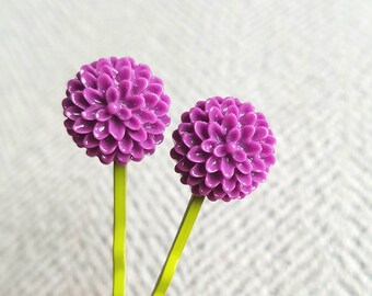 UK shop * Purple Pom Pom Dahlia Flower Hair Clips