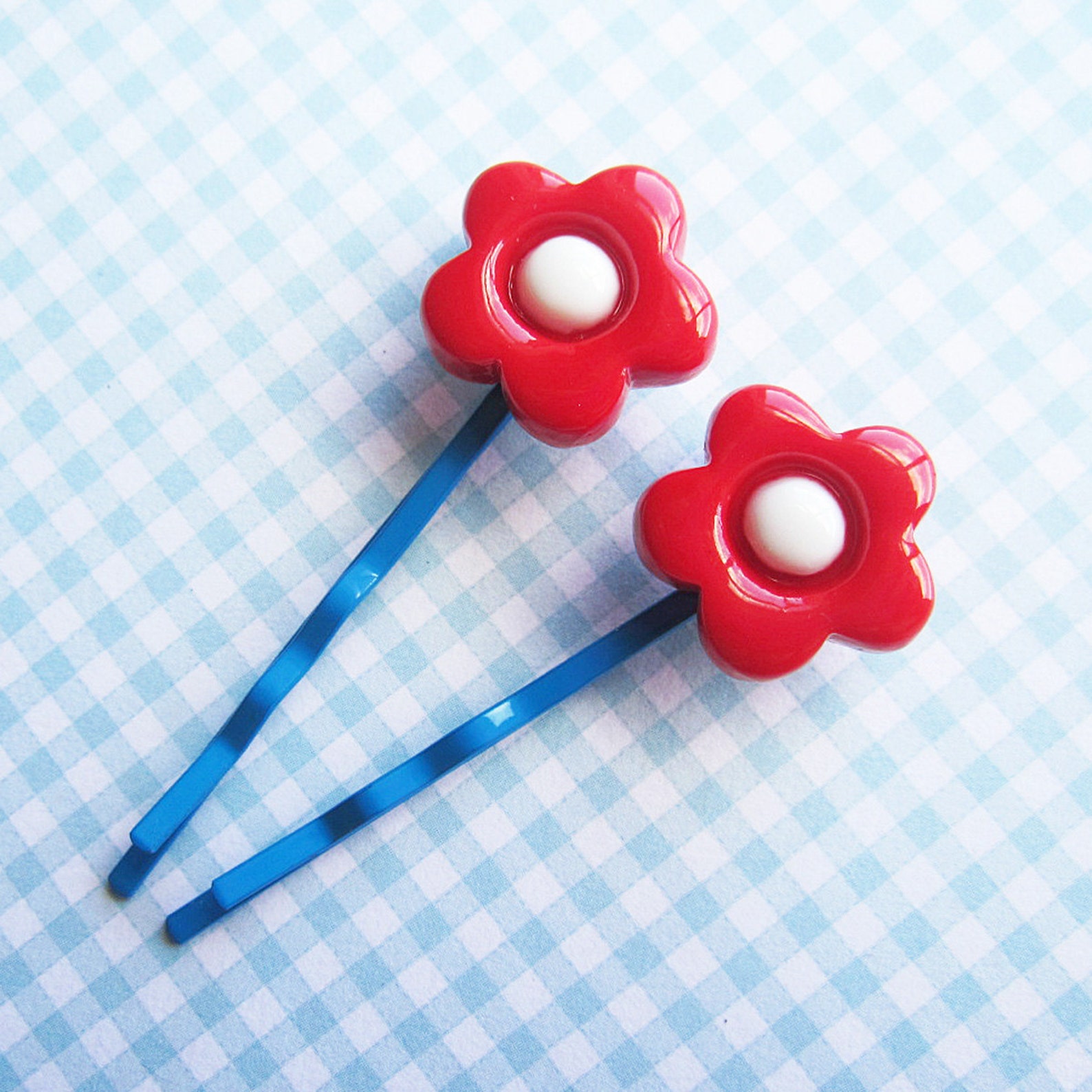 UK shop Red White on Blue Flower Hair Clips Etsy