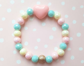 UK shop * Kawaii Pink Love Heart and Pearly Beaded Bracelet