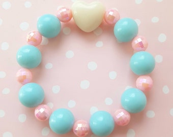 UK shop * Kawaii Cream Love Heart Beaded Bracelet - Pink and Blue