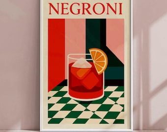 Negroni Cocktail Poster – Retro Modern Art Print | Digital Download | Kitchen Wall Decor | Mid-Century Cocktail Bar Art | Printable Wall Art