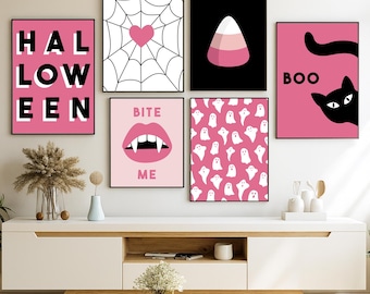 Pink Halloween Digital Art Bundle – 55 Trendy Printable Posters (8x10) | Instant Download |Halloween Wall Decor | Pink Goth Aesthetic